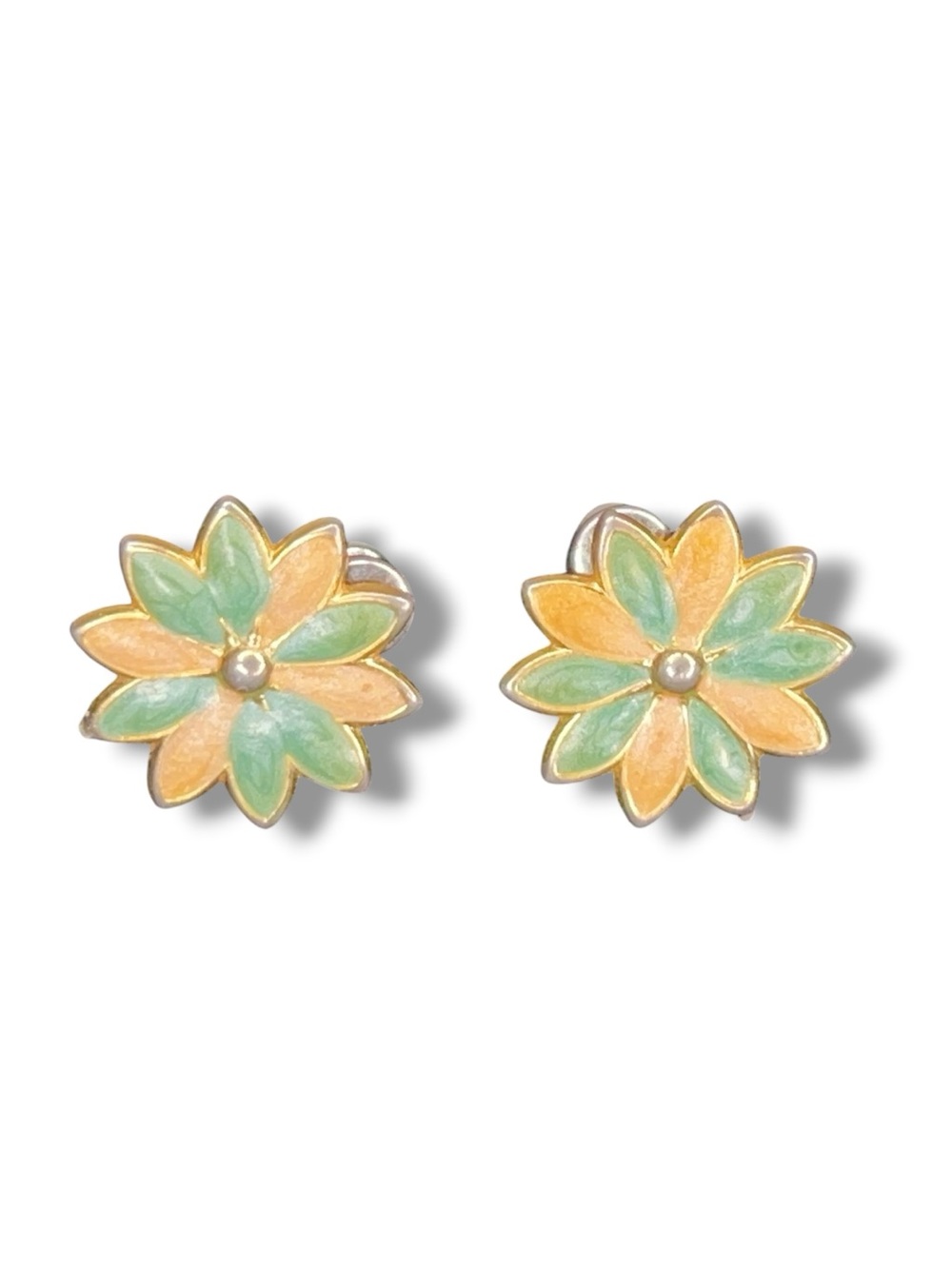 Vintage Floral Earrings Enamel Pastel Peach Orange Green Post Back Retro